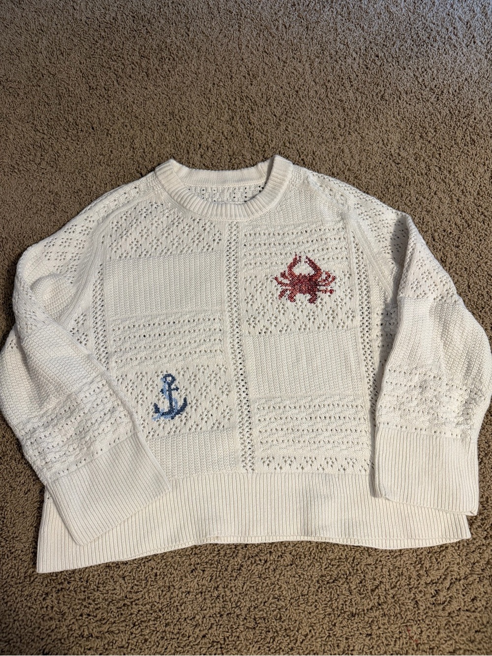 Abercrombie & Fitch White Crewneck Sweater with Blue Anchor and Red Crab